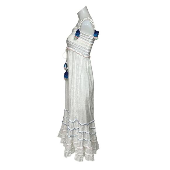 Playa Lucila White Smocked Tassel Spaghetti Strap Tiered Ruffle Maxi Dress Sz XS - Picture 3 of 12